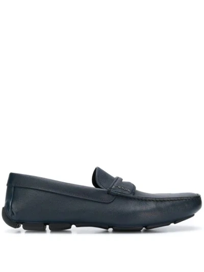 Prada Pebbled Leather Driving Shoe, Navy In Blue
