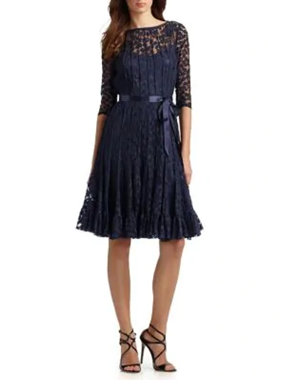Teri Jon Lace Pintuck Dress In Navy