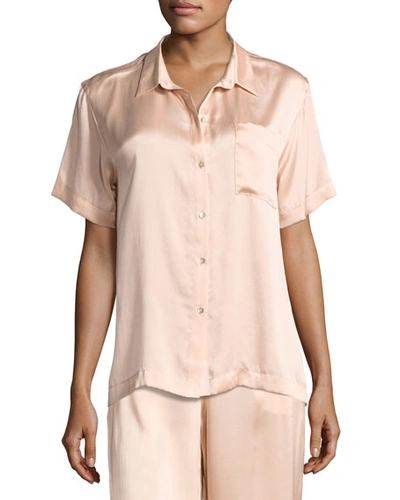 Beautiful Bottoms Short-sleeve Silk-satin Pajama Top, Light Pink