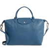 Longchamp Medium 'le Pliage Cuir' Leather Top Handle Tote - Blue In Pilot Blue