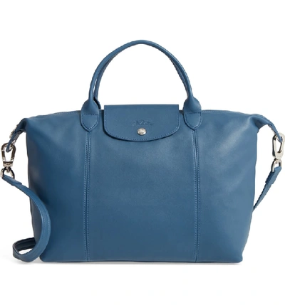 Longchamp Medium 'le Pliage Cuir' Leather Top Handle Tote - Blue In Pilot Blue