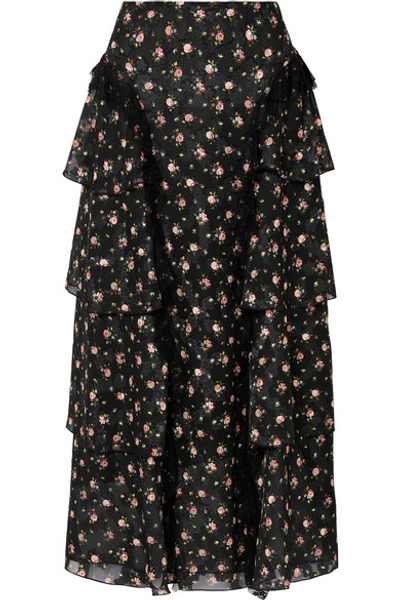 Anna Sui Lace-trimmed Tiered Floral-print Devoré-georgette Skirt In Black