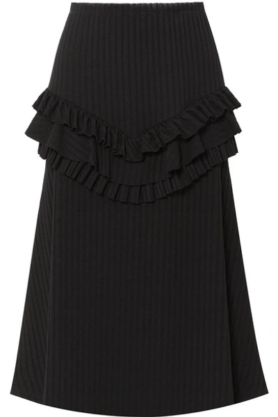 Maggie Marilyn Can You Spot Me Ruffled Ribbed-knit Midi Skirt In Black