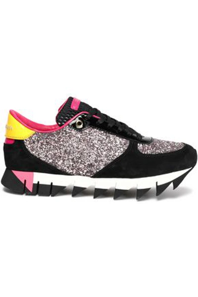 Dolce & Gabbana Woman Capri Glittered Suede, Mesh And Patent-leather Sneakers Lilac