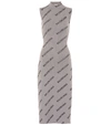 Balenciaga Allover Logo Ribbed-knit Wrap Dress In Grey