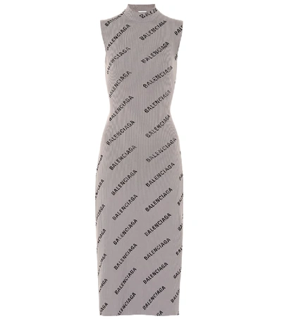 balenciaga grey dress Balenciaga Allover Logo Ribbed-knit Wrap Dress In Grey