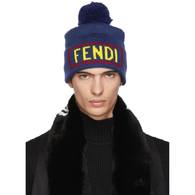 Fendi Vocabulary Logo Wool Beanie In Blue