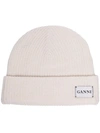 Ganni White Knitted Ribbed Wool Blend Beanie In 135 Egret