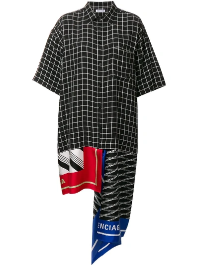 Balenciaga Asymmetric Patchwork Checked Poplin And Silk-twill Dress In Black Multi