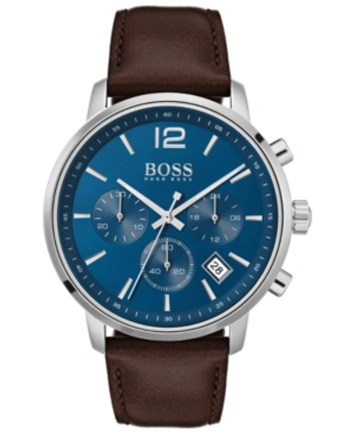 Hugo Boss Men's Chronograph Attitude Brown Leather Strap Watch 44mm In Blue