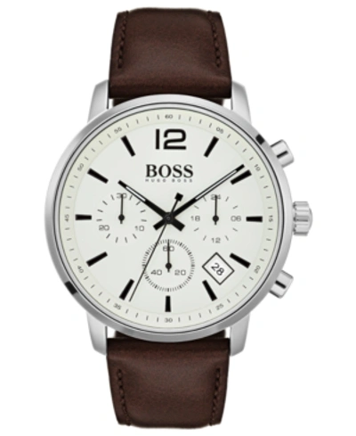 Hugo Boss Attitude Stainless Steel & Brown Leather Strap Chronograph Watch In Ivory