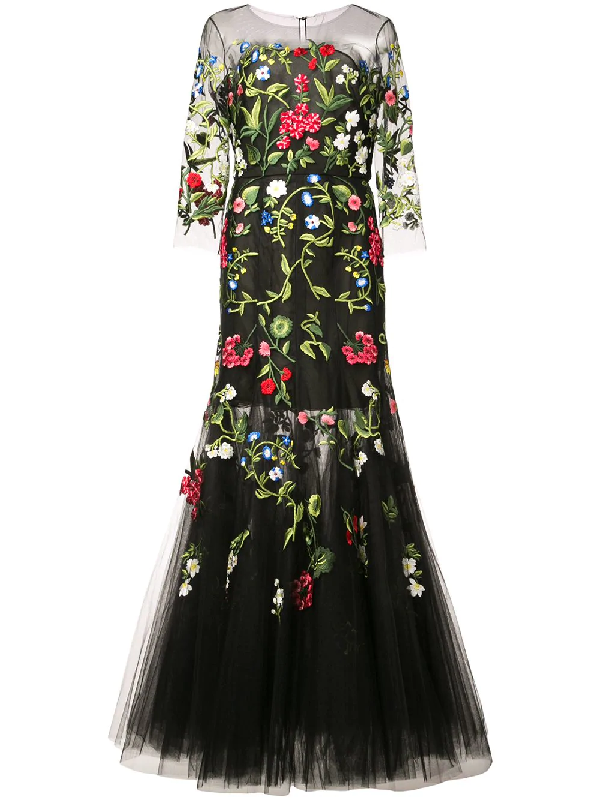 Oscar De La Renta Floral Embroidered Tulle Gown - Black | ModeSens