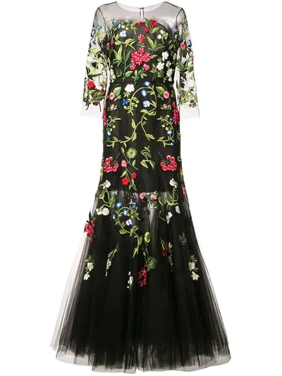 Oscar De La Renta Floral Embroidered Tulle Gown In Black