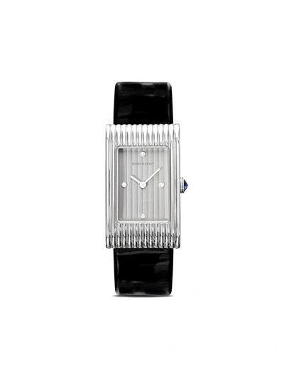Boucheron Medium Diamond Reflet Black Leather Strap Watch In Steel
