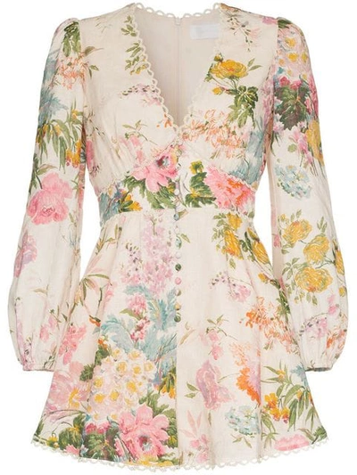 Zimmermann Pink And White Heathers Plunge Floral-print Linen Playsuit In Neutrals