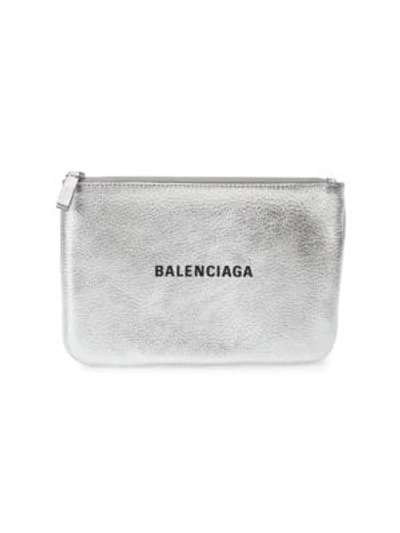 Balenciaga Large Everyday Metallic Leather Pouch In Silver