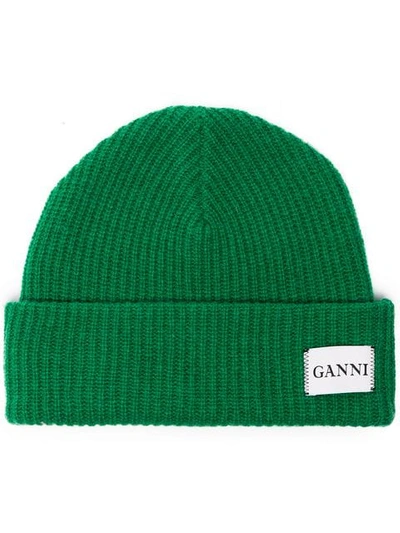 Ganni Green Knit Logo Beanie