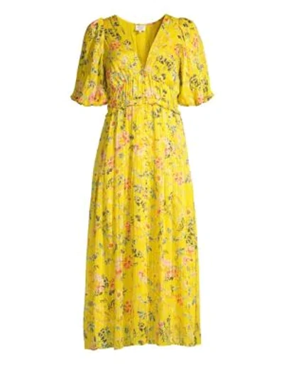 Hemant & Nandita Puff Sleeve Floral Midi Dress In Yellow