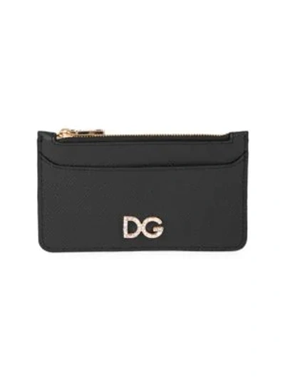 Dolce & Gabbana Embellished Logo Zippered Leather Card Case In Black