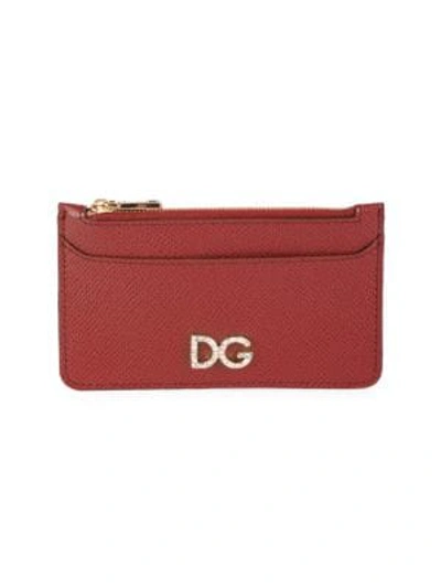 Dolce & Gabbana Embellished Logo Zippered Leather Card Case In Red