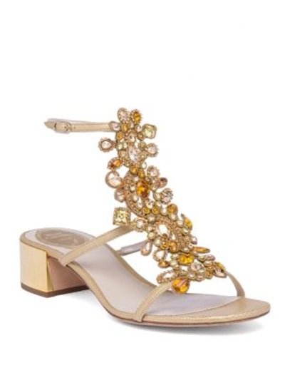 René Caovilla Crystal-embellished Snakeskin T-strap Block Heel Sandals In Gold