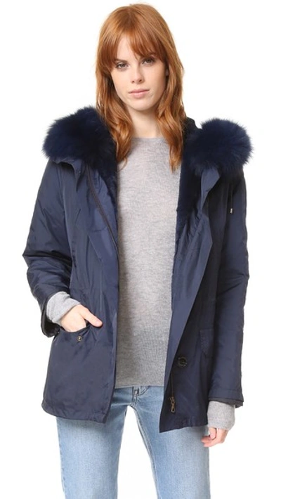 Yves Classic Short Parka With Fur In Atlantic | ModeSens