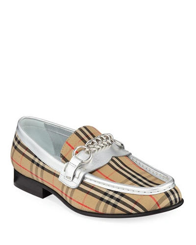 Burberry Moorley Chain Check Loafers With Metallic Piping In Silver Gray
