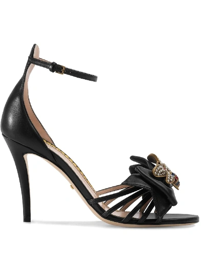 Gucci Leather Mid-heel Sandal With Bow In Pearl