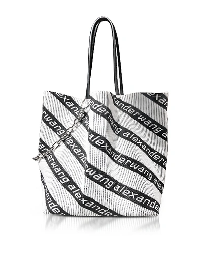 Alexander Wang Roxy Kint Jacquard Logo Soft Striped Canvas Large Tote Bag In Black / White