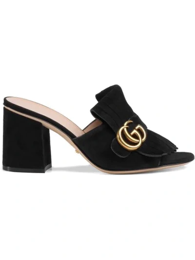 Gucci Marmont Fringed Logo-embellished Suede Mules In Black