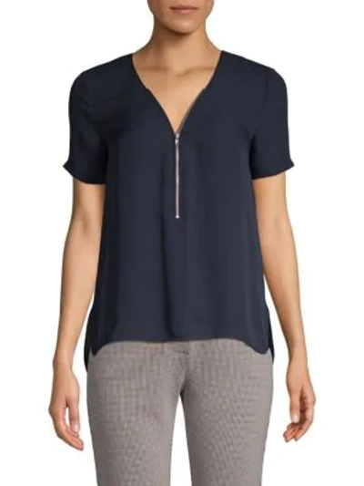 The Kooples Top - Silk Short Sleeve Zip Front In Navy