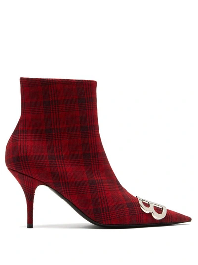 Balenciaga Bb Logo-plaque Checked Ankle Boots In Red