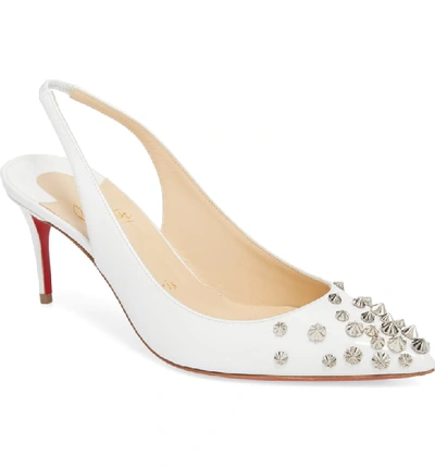 Christian Louboutin Drama Sling 100mm Spike Leather Red Sole Pumps In Latte/ Silver