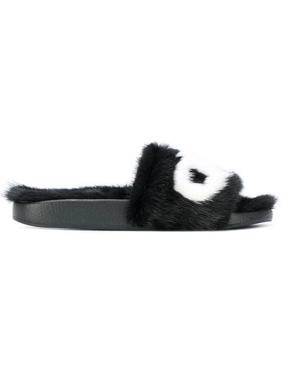 Ferragamo Groove Mink Fur Pool Slide Sandals In Nero