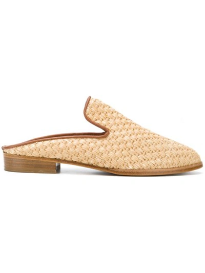 Robert Clergerie Shoes Aliceop Natural Woven Raffia And Terracotta Brown Leather Flat Mules In Beige