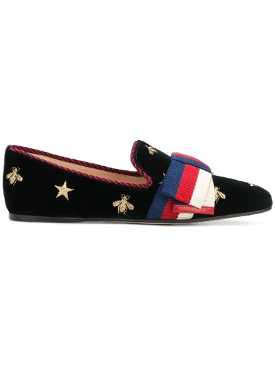Gucci Embroidered Velvet Ballet Flat With Sylvie Bow In Blue