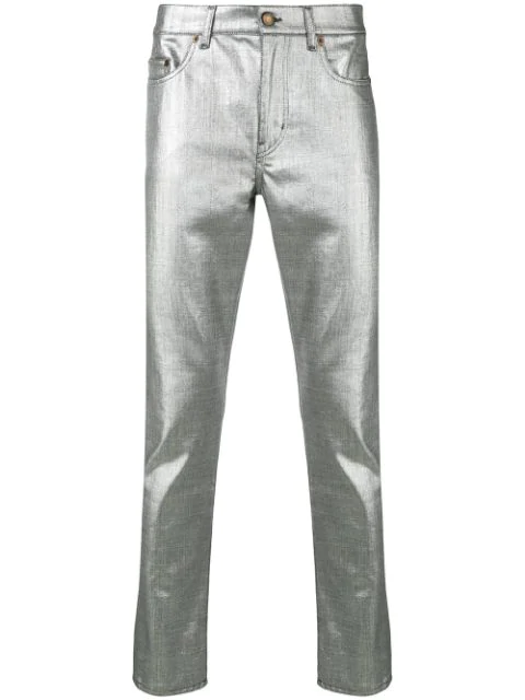 Saint Laurent Metallic Silver Slim Fit Jeans | ModeSens