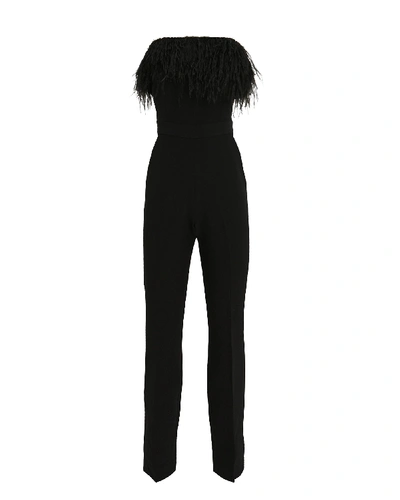 Saylor Straight-leg Strapless Jumpsuit With Feather Trim In Black