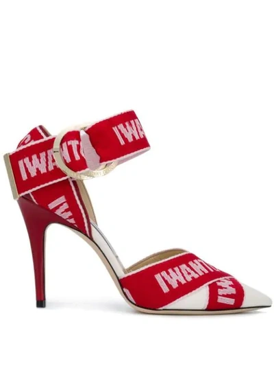 Jimmy Choo "bea 100" Decollete In Leather And Fabric In Chalk/red/rosewater
