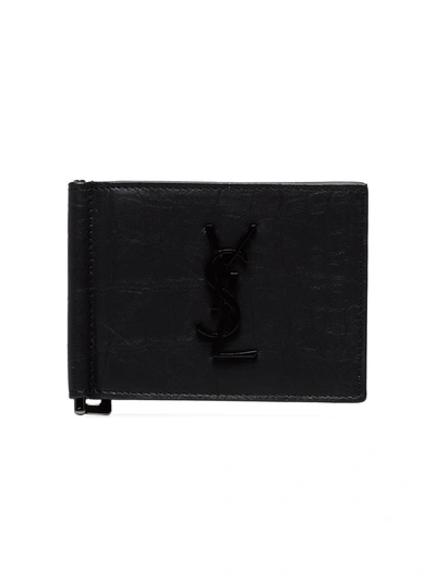 Saint Laurent Monogram Bill Clip Wallet In Crocodile Embossed Leather In Black