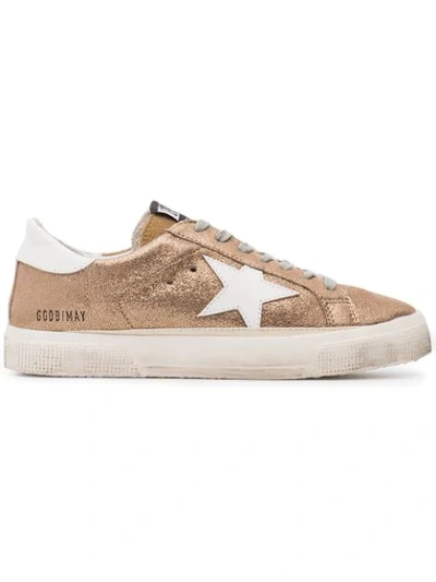 Golden Goose May Distressed Metallic Suede And Leather Trainers In Gold