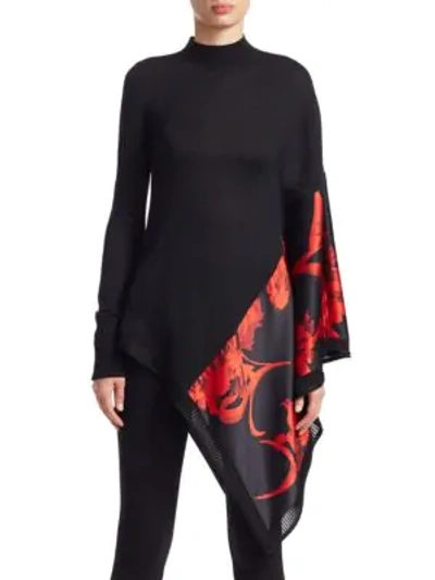 Roberto Cavalli Asymmetric Wool & Silk Turtleneck Sweater In Black Ruby