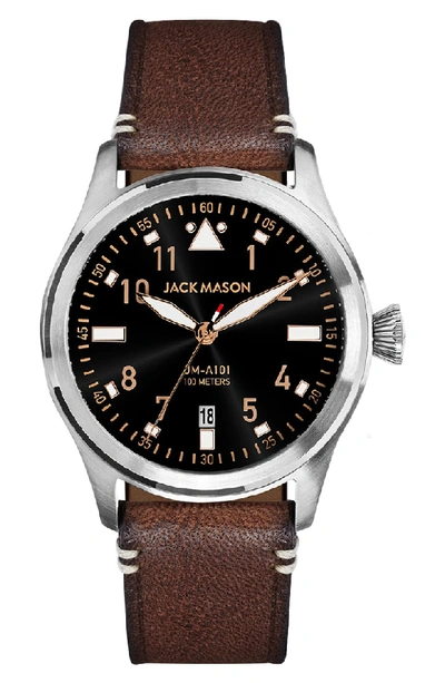 Jack Mason Aviation Leather Strap Watch In Black/brown