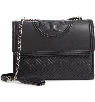 Tory Burch Fleming Leather Convertible Shoulder Bag In Black / Silver