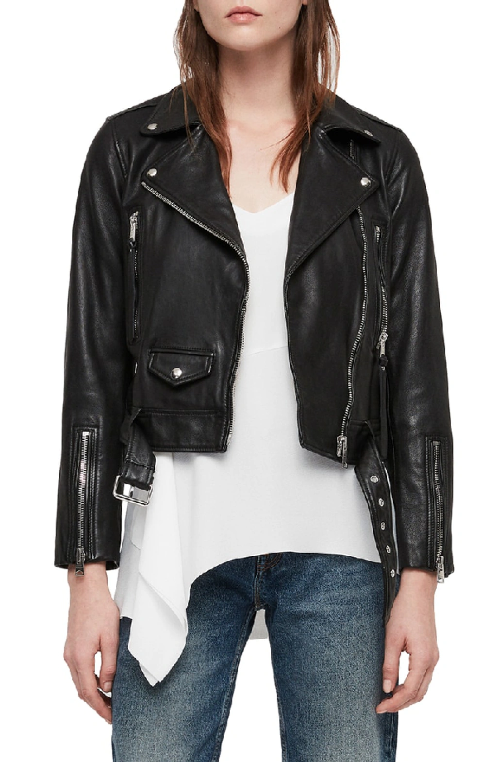 Allsaints Juno Cropped Leather Biker Jacket In Black ModeSens