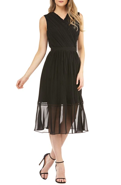 Kay Unger Pleated Chiffon Faux Wrap Cocktail Dress In Black