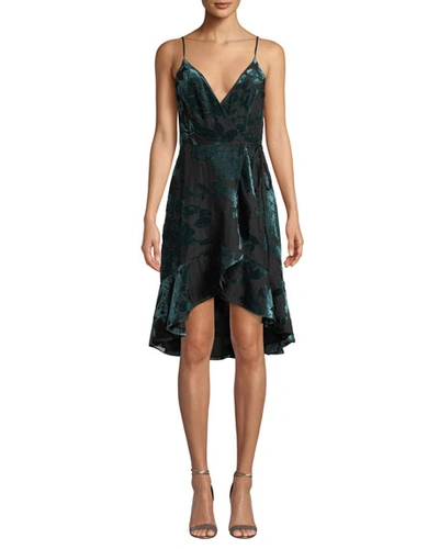 Amanda Uprichard Rose Velvet Flounce Wrap Cocktail Dress In Black/blue