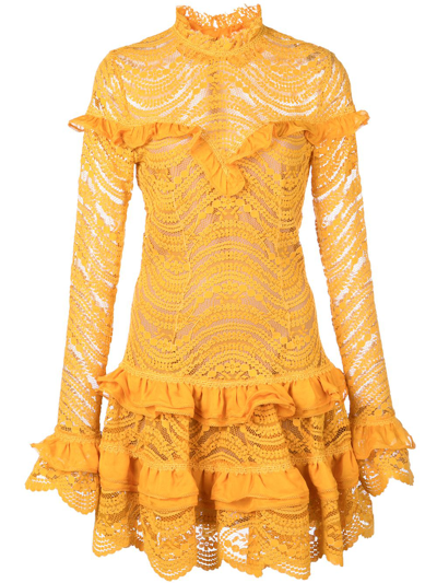 Jonathan Simkhai Mixed Lace Long-sleeve Chiffon Ruffle Dress In Yellow