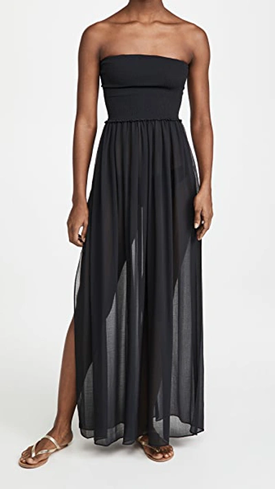 Ramy Brook Calista Smocked Strapless Side-split Coverup Dress In Black