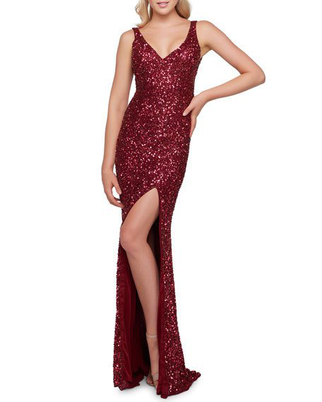 Mac Duggal Sequin V-Neck Sleeveless Gown With Thigh Slit In Chili ...